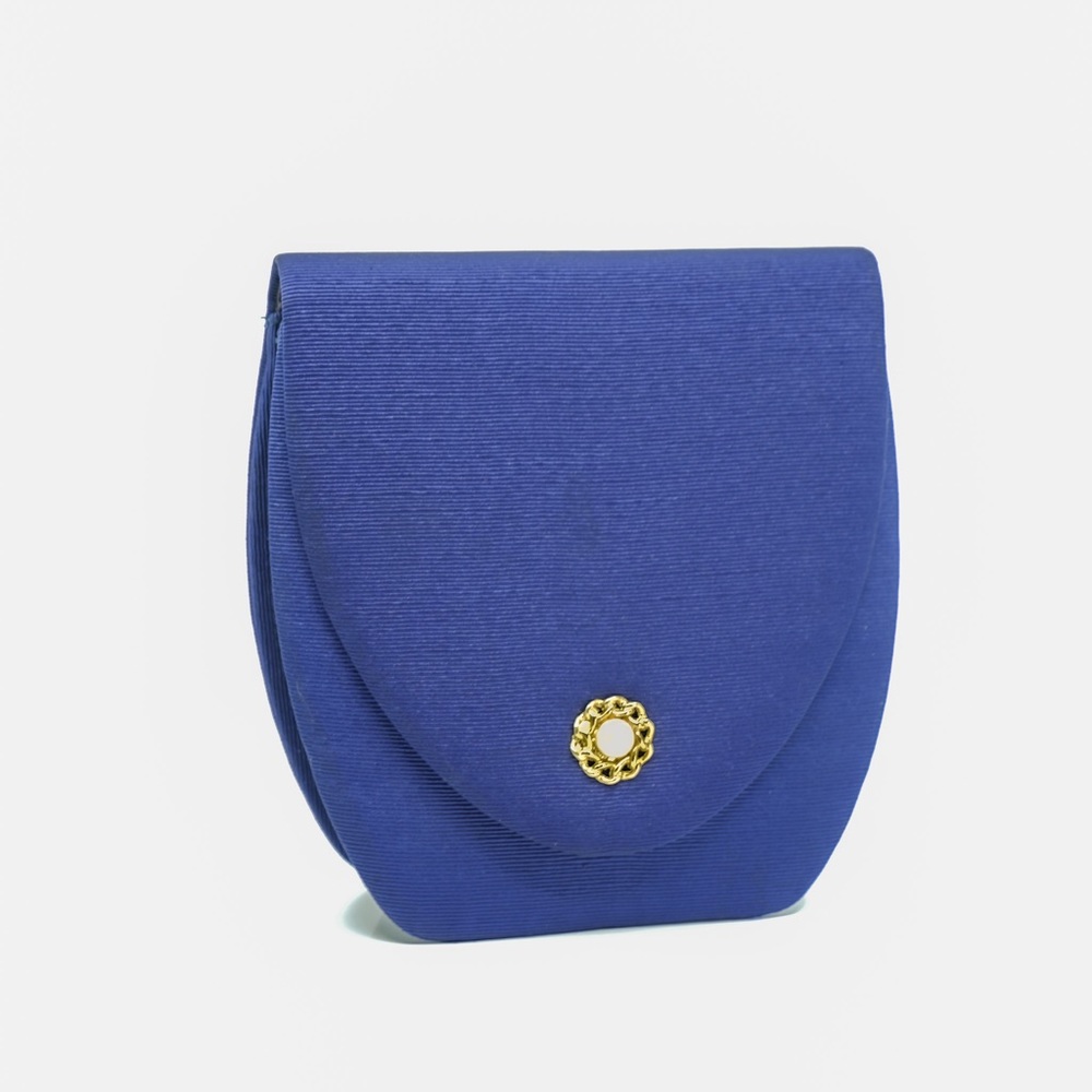 VINTAGE cobalt blue rib fabric faux pearl gold chain evening clutch crossbody
